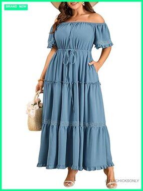 Plus Size Boho Off Shoulder Maxi Dress with Pockets